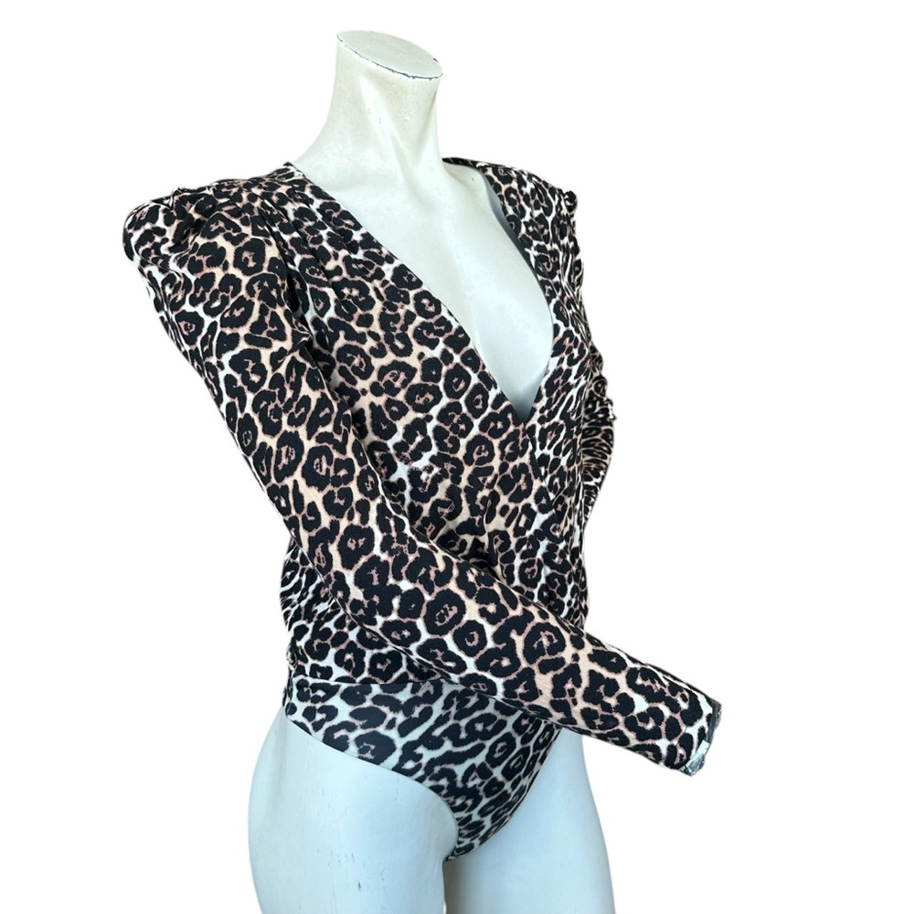 Revolve AFRM Nora Puff Sleeve Deep V-Neck Long Sleeve Leopard Print Bodysuit XS - Picture 8 of 9